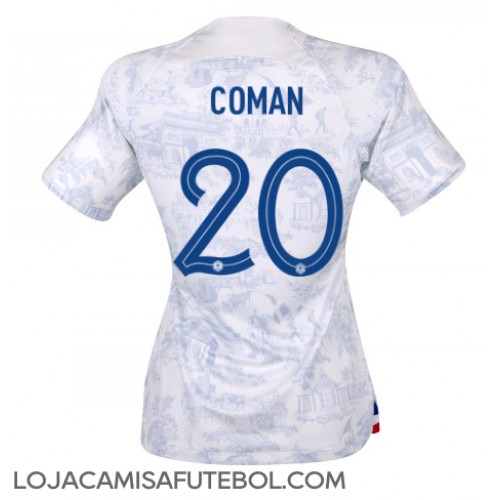 Camisa de Futebol França Kingsley Coman #20 Equipamento Secundário Mulheres Mundo 2022 Manga Curta